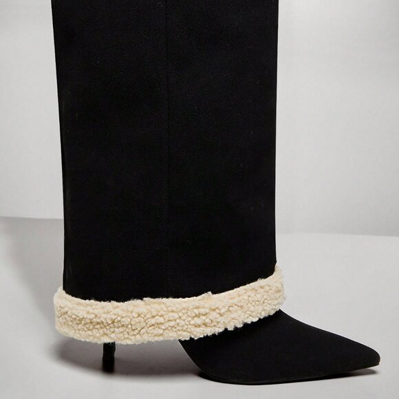 Black Suede Over-Knee faux suede and faux sherpa trim High Heel Boots - Picture 7 of 7